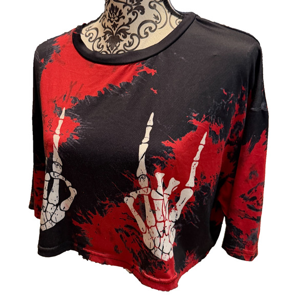 Unbranded Tops - WOMENS CROP TOP SIZE LARGE IN RED AND BLACK W/2 SKELETAL HANDS ON FRONT